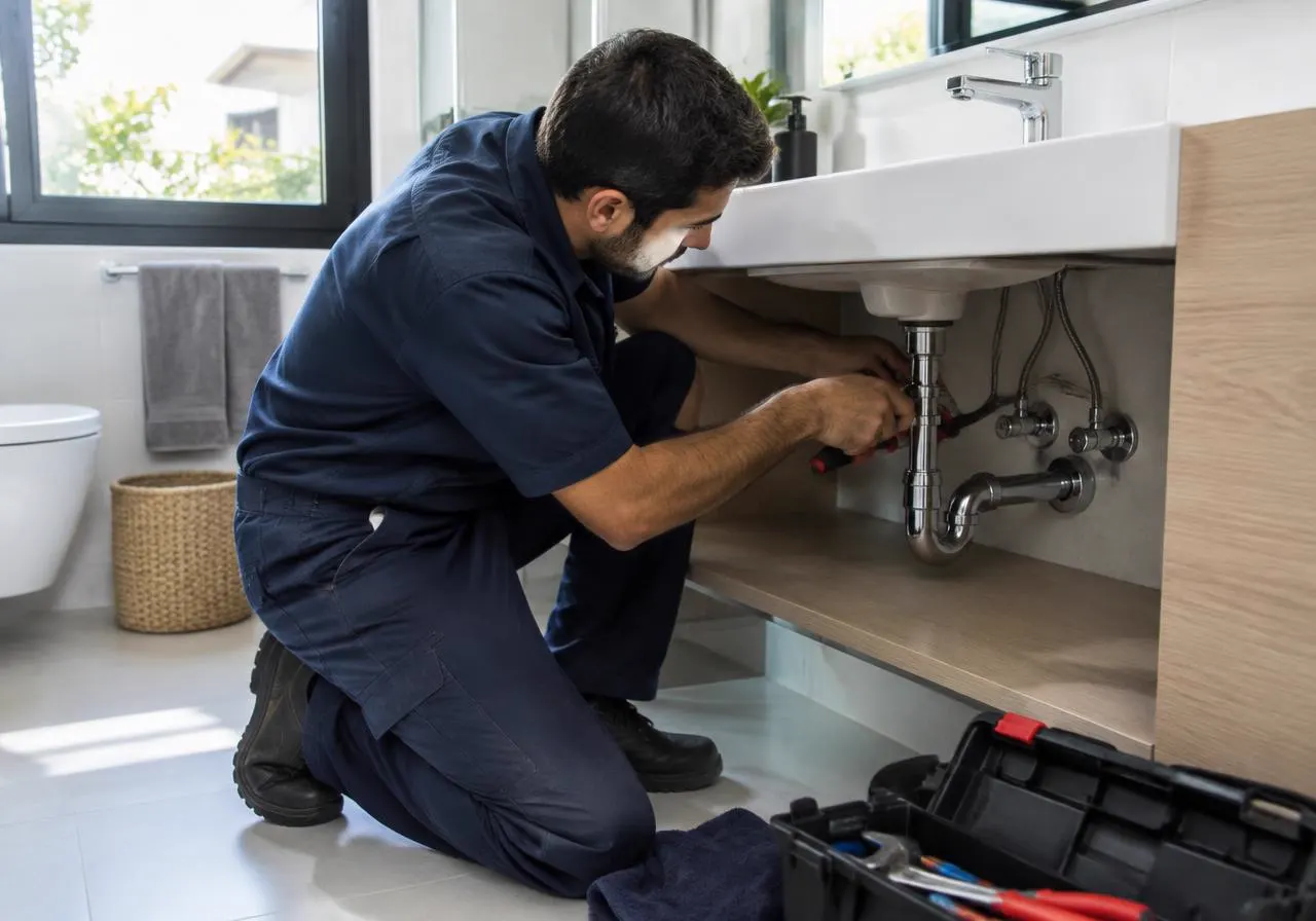 Plomero reparando la cañería debajo del lavatorio de un baño